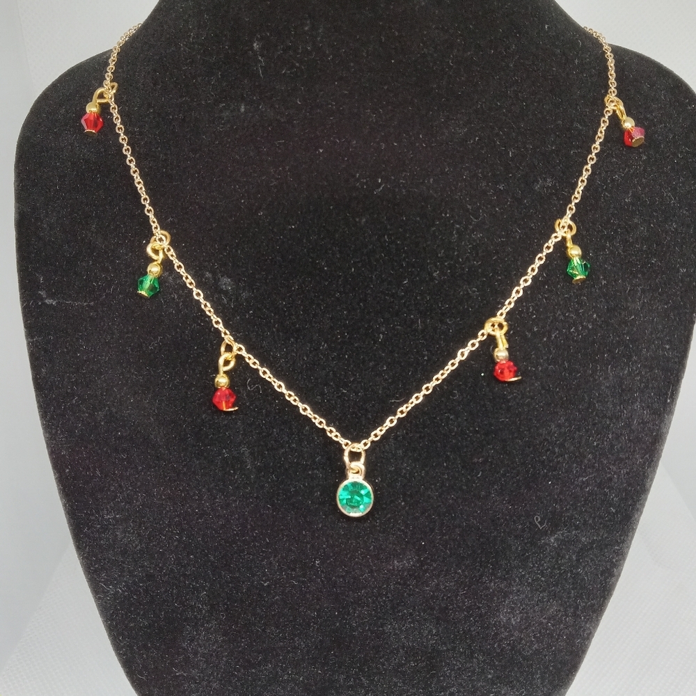 Hand Crafted Gold Necklace with Red and Green Accents